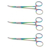 3 Premium Mosquito Hemostat Forceps 5" Curved Locking Handle Rainbow Surgical