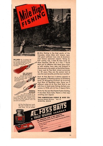 1938 AL. ANNUNCIO ESCA PESCA FOSSILE, ATTREZZATURA DA PESCA TRUE TEMPER, ESCA, ANNUNCIO STAMPA VINTAGE - Foto 2 di 2