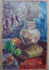Ukrainian Soviet Oil Painting postimpressionism Still Life pepper apples pie