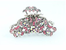 Antique silver metallic hair claw clip with colored rhinestones - Pink