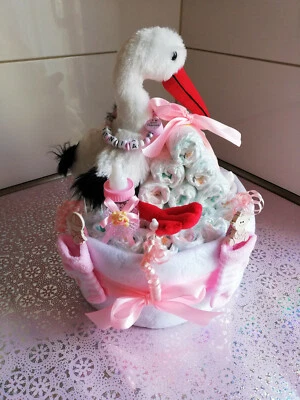 BABY-TRAUMLAND Windeltorte ♥ Klapperstorch ♥ Geburt Taufe Babyparty Mädchen