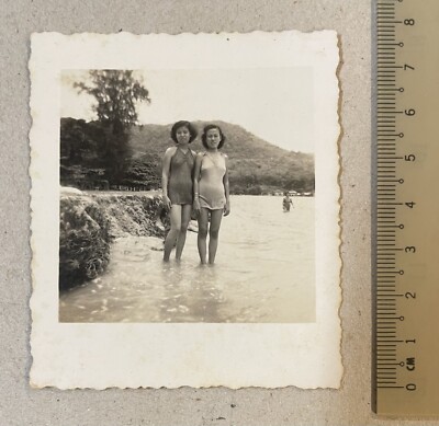 OPS original vintage  two Chinese lady in swim wear seaside photo