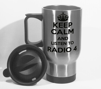 Keep Calm & Listen To Radio 4 Reisebecher personalisiert Gespräch Nachrichten Bogenschützen Geschenk