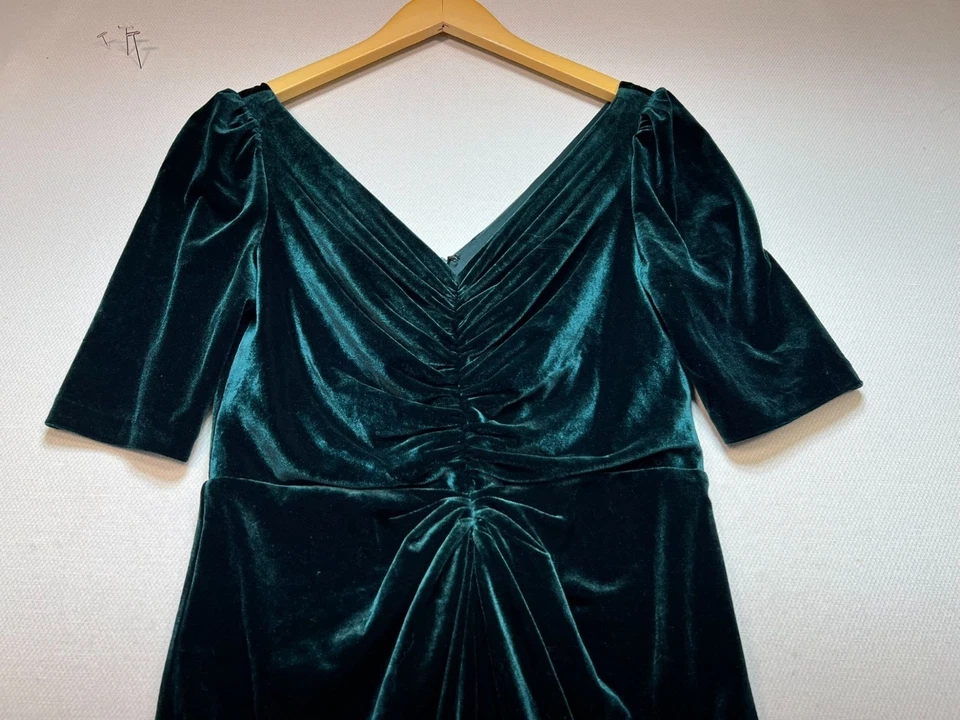 Vestido alto-bajo de terciopelo acanalado para mujer Adrianna Papell media manga talla 6 verde esmeralda Foto 3 de 4