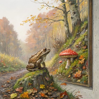Frosch sitzt auf Pilz Wand Wald Cottagecore niedlich skurril Natur Folia