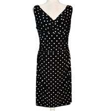 LRL Ralph Lauren Dress Womens 12 Cowl Neck Sheath Polka Dot Ruching Black