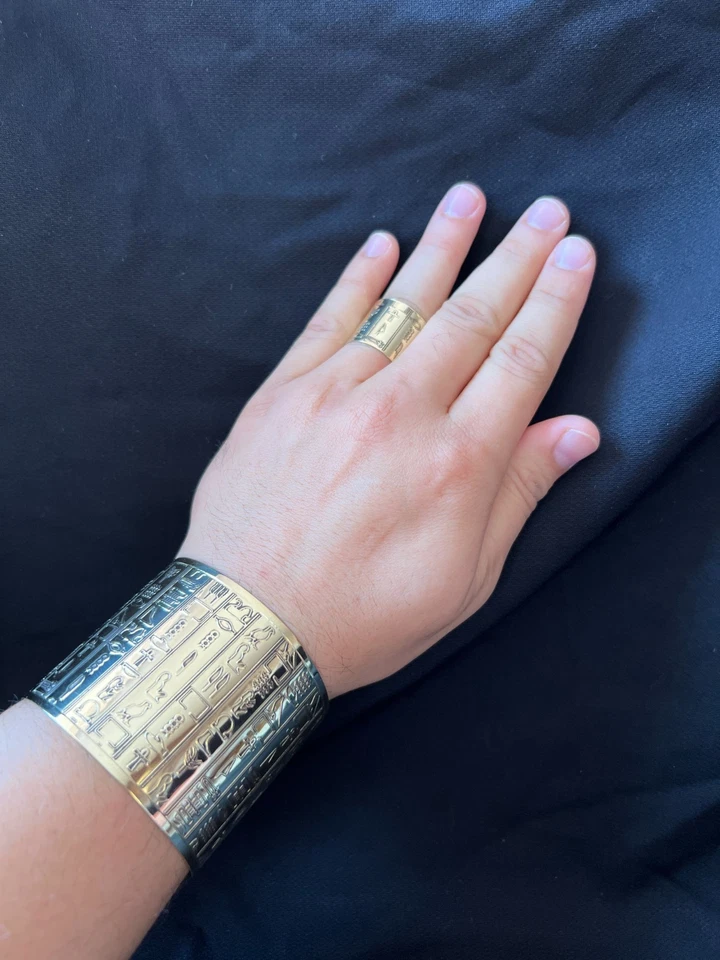 Egyptian Hieroglyph Bracelet & Ring Set Pharaoh Jewelry Ancient Script Design - Image 3 of 4