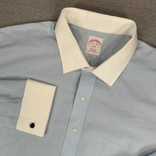 Brooks Brothers 346 Dress Shirt Mens 17.5 35 Blue White Contrast French Cuff NEW