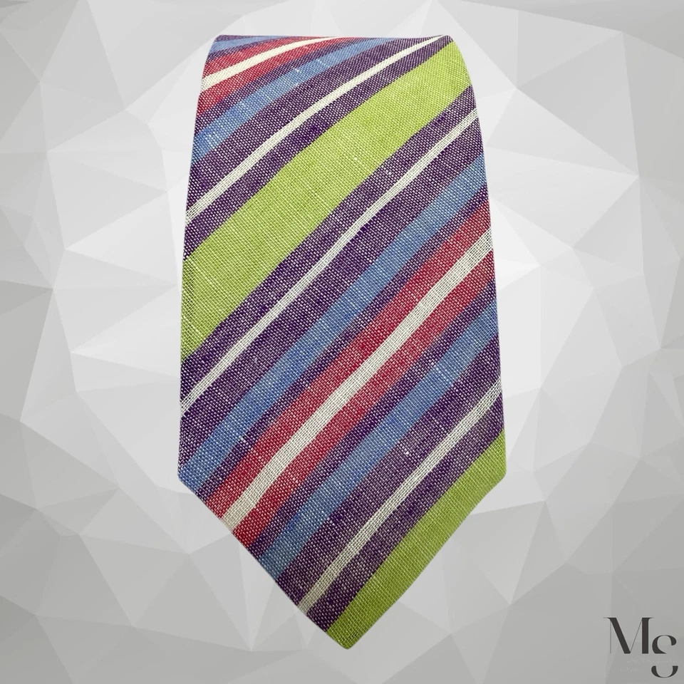 Corbata de interior a rayas verde púrpura John G. Hardy hecha a mano en Italia 60”-3,2” EX CD Foto 3 de 4