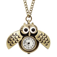 Vintage Cute Flying Owl Pocket Watch, Long Chain Sweater Pendant Necklace, for