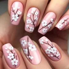 Pink Winter Press on Nails Medium Flower Fake Nails Pink style26-plum plossom