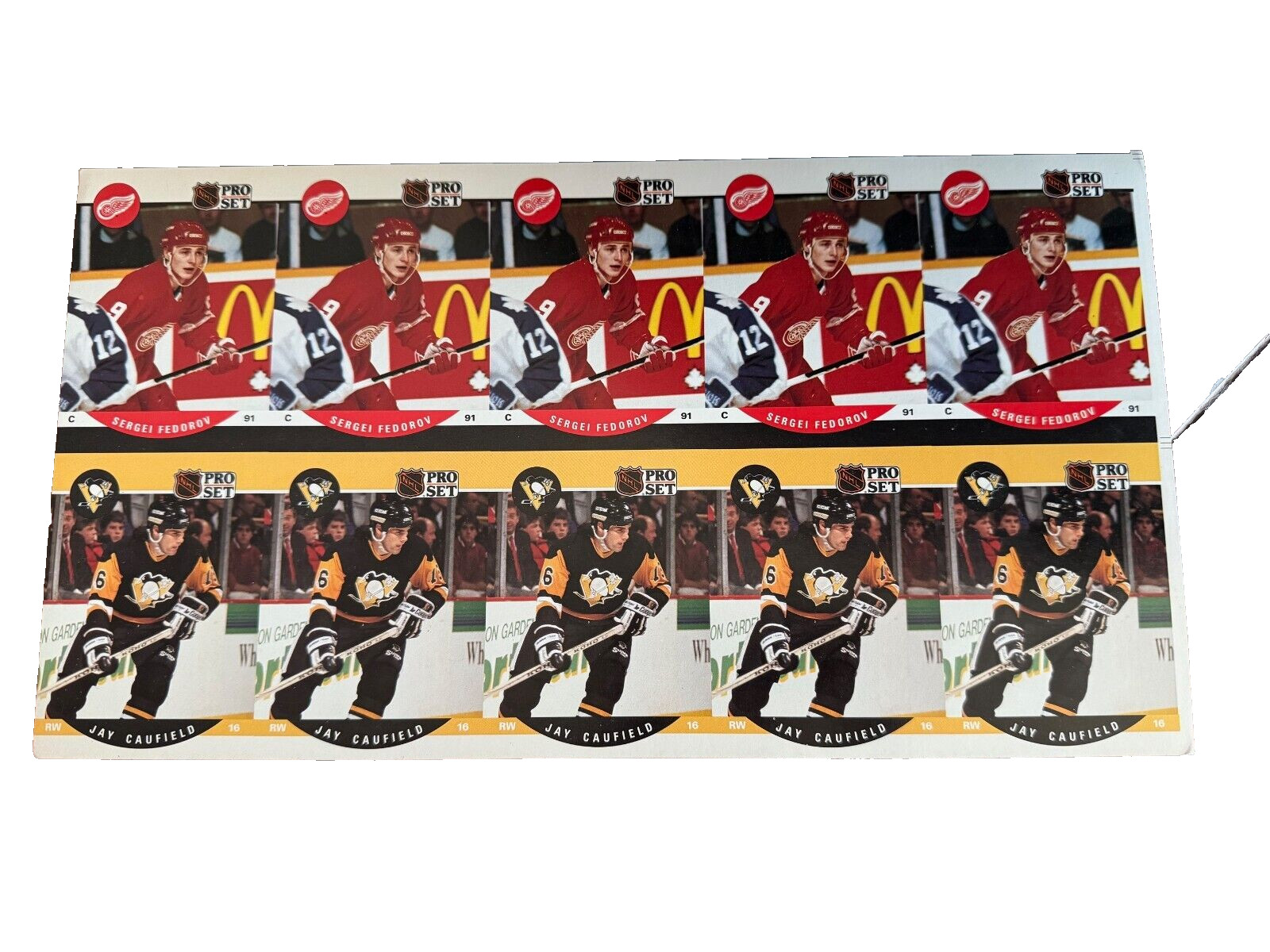 1990-91 Pro Set Sergei Fedorov / Jay Caufield Rookie RC Uncut 5-cards 7X13 Sheet