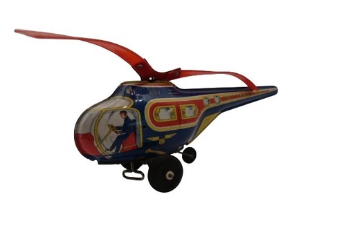 Vtg J Chein Toy Town Airways Friction Tin Litho Helicopter  Circa 60's Dark Blue