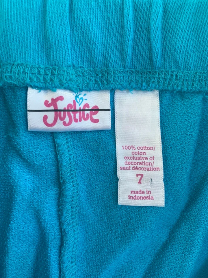 Pantalones deportivos Justice Girl’s talla 7 azul blanco logotipo lentejuelas felpa francesa usados en excelente estado Foto 3 de 4