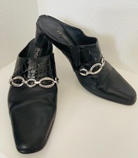 Vintage Brighton "Twiggy" Mule Heel Black Leather Sz 7 1/2 w/ Silver Ornament