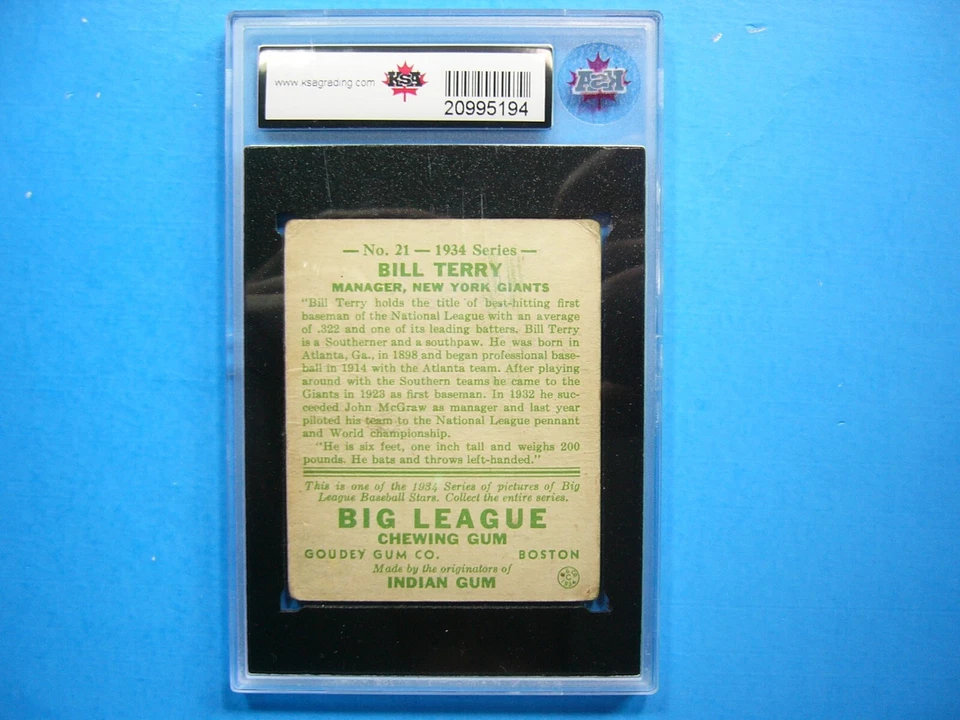 1934 GOUDEY GUM MLB CARTÃO DE BEISEBOL #21 BILL TERRY KSA 4 MUITO BOM ESTADO/EX MK '34 GL - Imagem 2 de 2