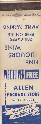 MATCHBOOK COVER - ALLEN PACKAGE LIQUOR STORE - SPRINGFIELD MASSACHUSETTS - #1