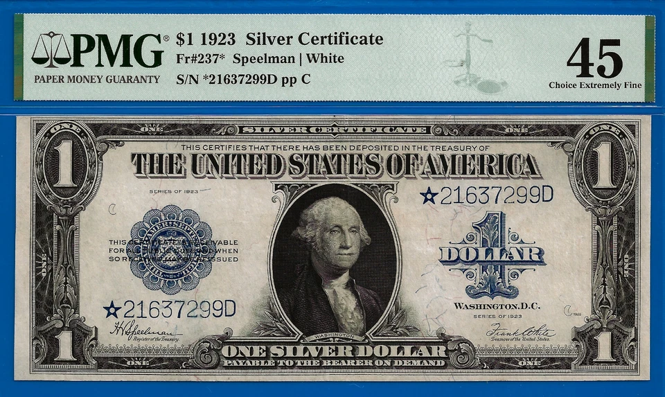 1923 $1 Silver Certificate PMG 45 wanted popular blue seal star Fr 237* - Image 2 of 3