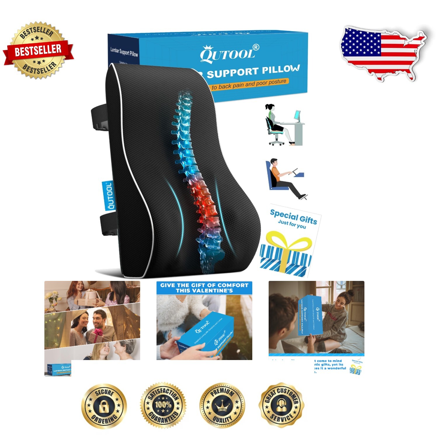 3D Mesh Lumbar Support Pillow - Midnight Black with Luxurious Gift Packaging