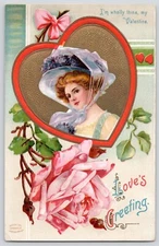 Love's Greetings Valentine Postcard Lovely Woman Large Hat Roses Garre Germany
