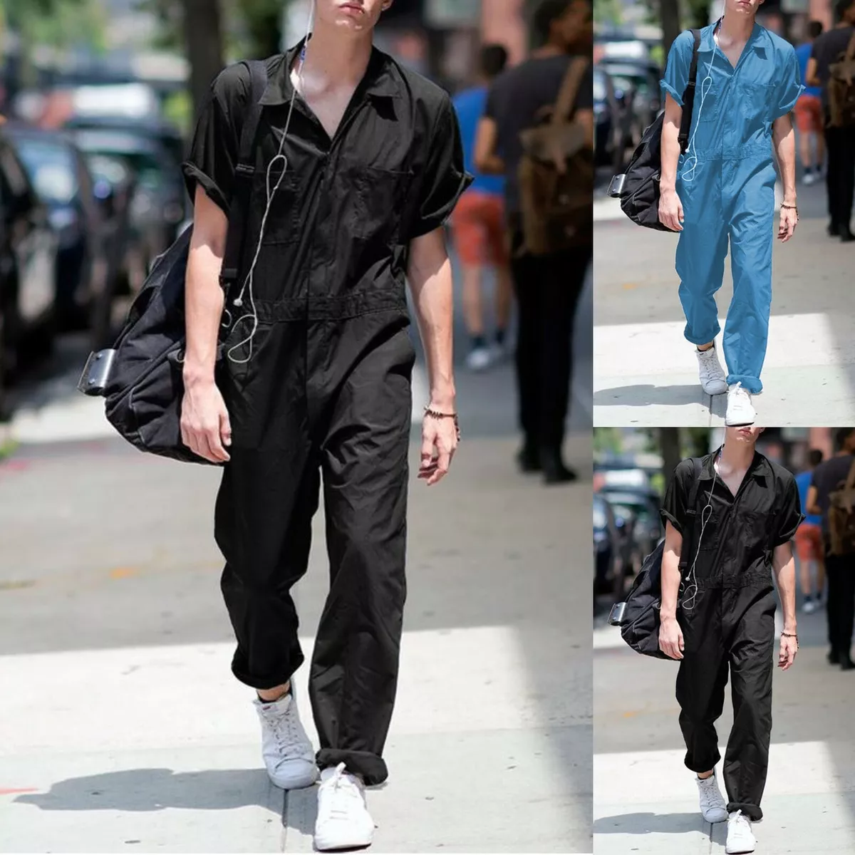 fredelig bagage skrive Men Lapel Solid Casual Plus Size Short Sleeve Multi Pocket Overalls  Jumpsuits US | eBay