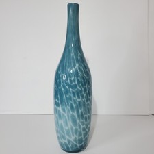 Blue  White Hand Blown Art Glass Vase 19" Tall Vintage Ocean Beach Waves Theme