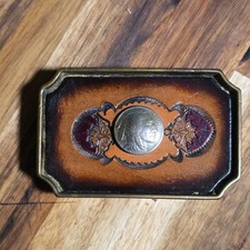 Vintage BTS Solid Brass and Tooled Leather Western Belt Buckle Made in USA