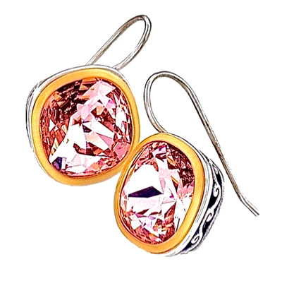 BRIGHTON VENUSIAN IRIDESCENT PINK SWAROVSKI CRYST SLVR+GOLD EARRINGS VG VTG HTF