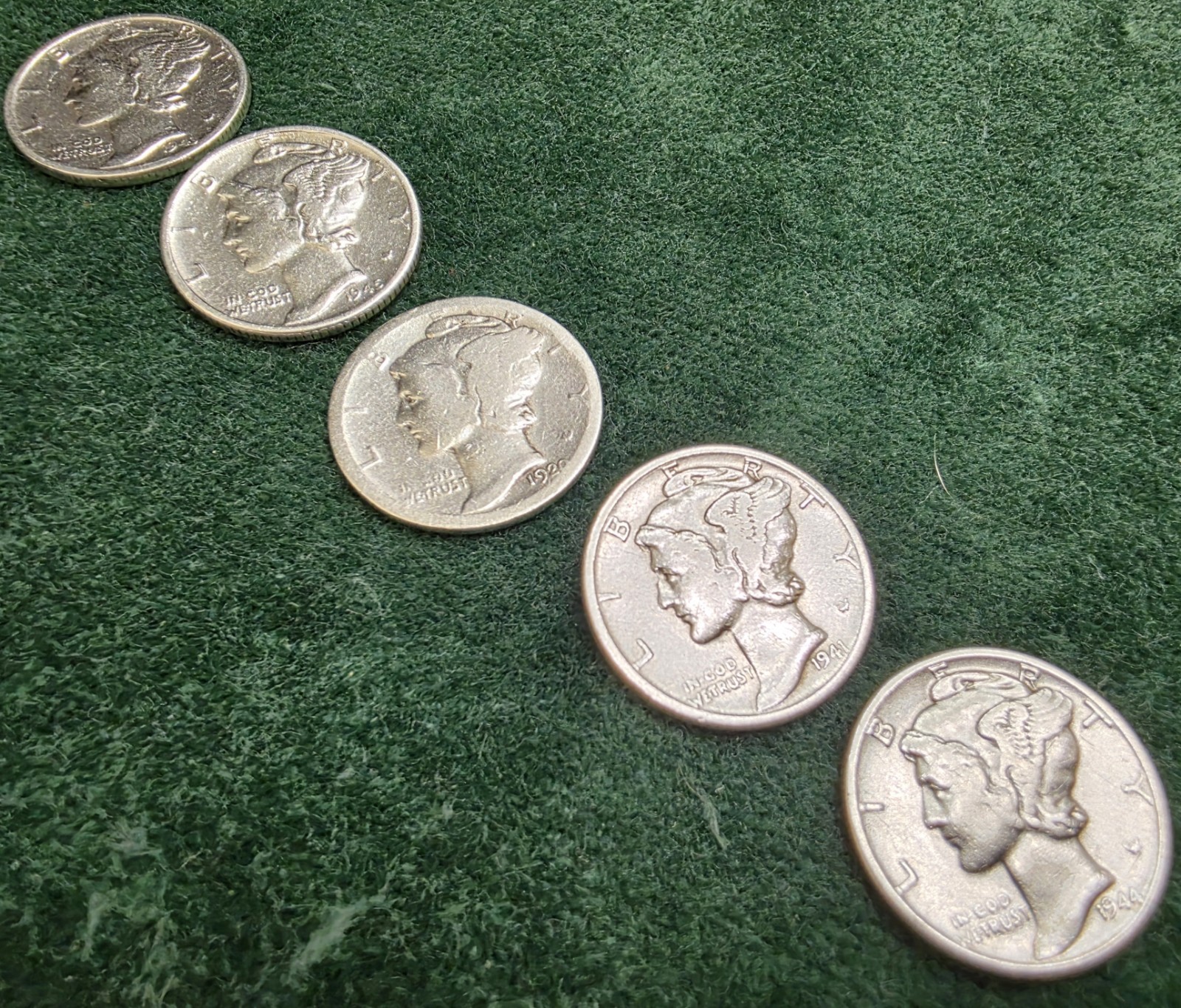 Lot of Five (5) Gorgeous Mercury Dimes, 90% Silver, ASW 0.36 Troy Ounces