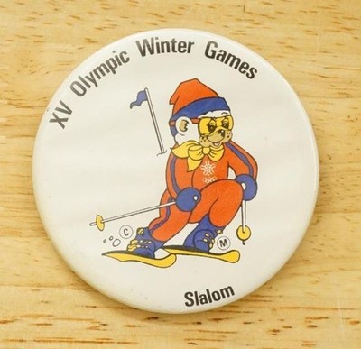 Vintage XV Winter Olympics Calgary Souvenir Pinback Button Slalom Ski Event