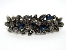 Vintage Flower Leaf Blue  Clear Crystal Silver Tone Barrette Jewelry Hair Clip