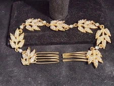 David Tutera Gold Crystal Bridal Hair Chain Combs Pair S1