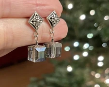 Sterling Silver Swarovski Crystal Dangle Earrings Iridescent Blue Cube