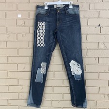 Free People Artisan De Luxe Womens Low Rise Jeans Sz 27 Embroidered Patch Denim