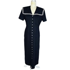 90s Vintage Linen Blend Sailor Maxi Dress Nautical Blue & White Size 8