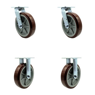 8 Inch Polyurethane Caster Set with Roller Bearing 2 Swivel 2 Rigid SCC