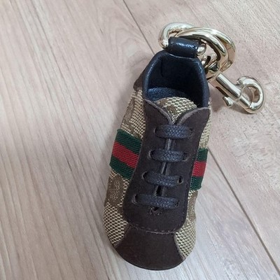 GUCCI GG Canvas Sherry Line Sneakers Key Charm Chain Ring Brown Beige Italy Auth