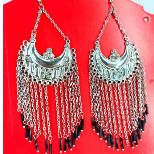Vtg Silver Tone Boho Chandelier Tassel Earrings Rhinestone Black Bead 5.5" Hook - Bild 1 von 7