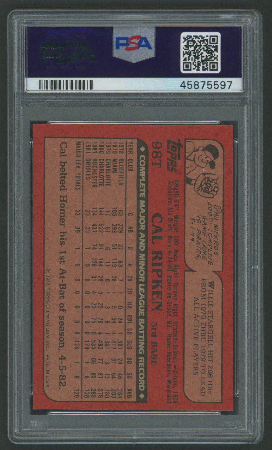 1982 Topps Traded Cal Ripken JR Rookie RC 98T PSA 9 MINT view 2
