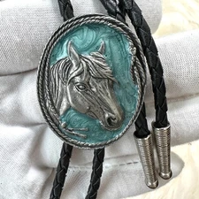 Vintage Siskiyou USA Silver Pewter -Horse & Lasso-  Turquoise Swirl Western Bolo