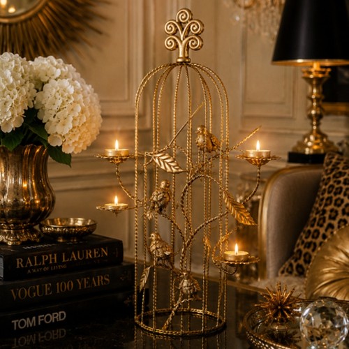 Vintage Gold Bird Cage Candle Holder, Hollywood Regency, Italian Tole Style