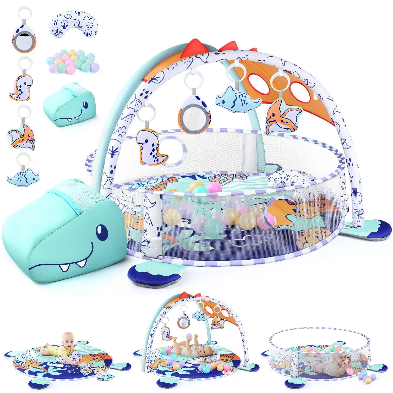 5-In-1 Baby Play Mat - Dinosaur Themed Activity Gym for Babies 0-6 Months with B
