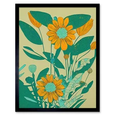 Yellow Flower Turquoise Colourful Bold Framed Wall Art Picture Print 12x16