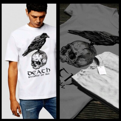 Viking T-shirt Raven Death Norse Nordic warrior Til Valhalla Odin XL White tee
