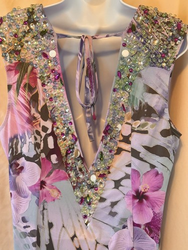ARGENTI Purple Teal Flora Beaded Knee Length Low Back Shift Dress SZ 12 - 第 7/17 張圖片