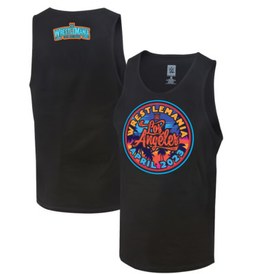 New Original Mens WWE WrestleMania 39 Los Angeles Circle Stamp Tank Top - Black