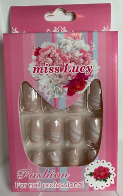 Miss Lucy Fashion Nails 12p Set FULL KIT White accents on nude base