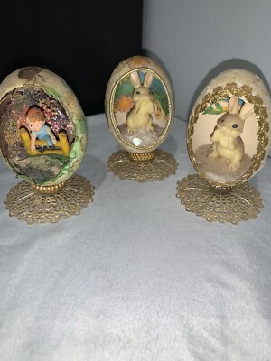 3-Vintage Handmade Easter Egg With Scenery And Hand Painted 