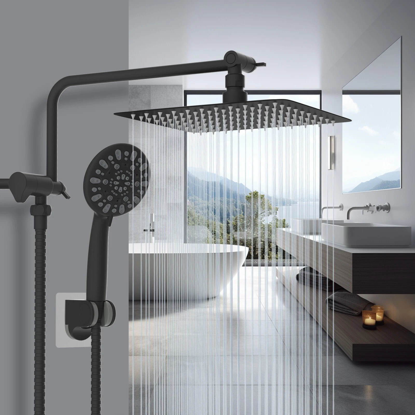 Rain Shower Head with Handheld Head High Pressure 10" Rainfall Showerhead Black