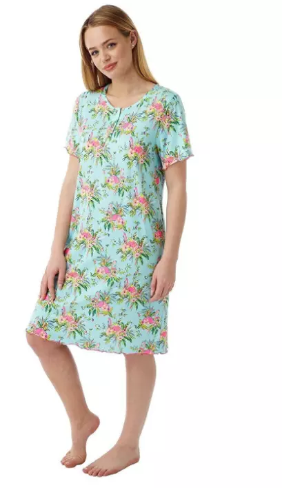 Soft Jersey Nightie Green Flamingo Print Knee Length Short Sleeve